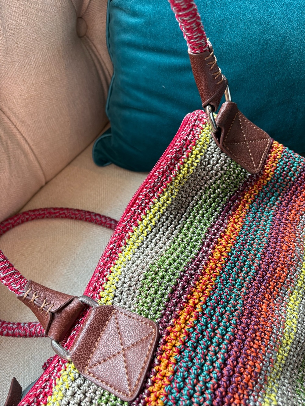 The Sak Crochet Knit Multicolor Tote Shoulder Bag Boho Striped Large Zip Top - Picture 8 of 10